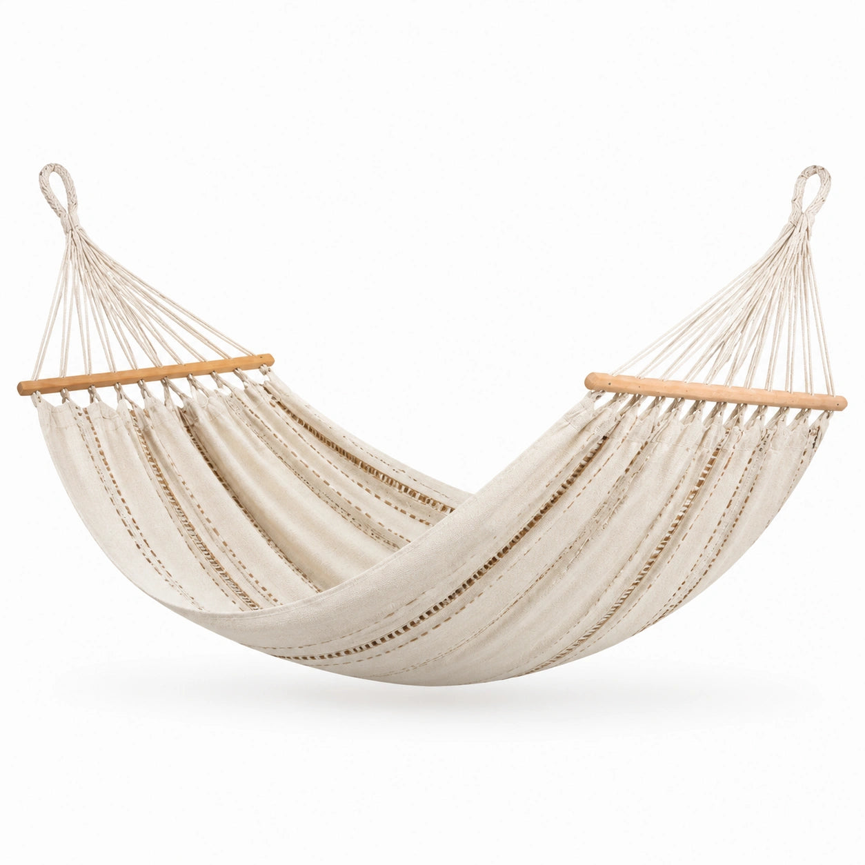 Amaca in Tessuto di Cotone Beige con Asta in Legno