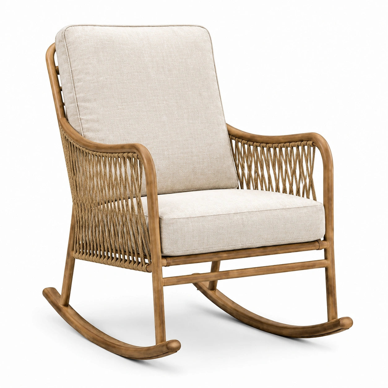 Sedia a dondolo in rattan con cuscini in poliestere beige