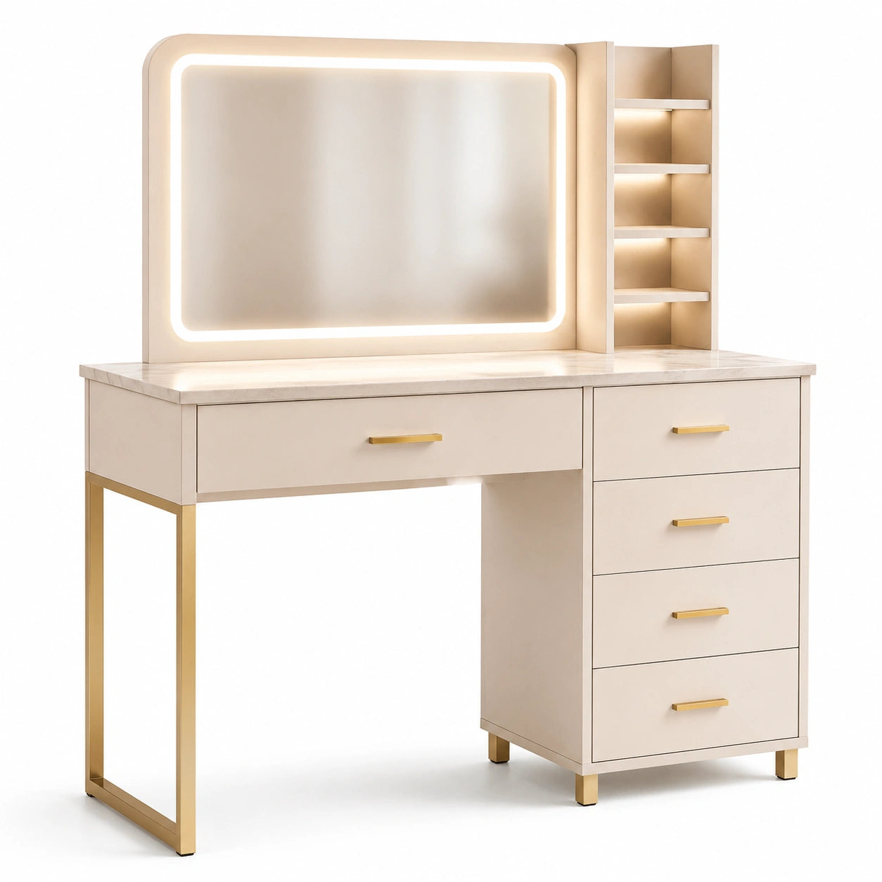 Tavolo da Toeletta con Specchio a LED e Cassetti in Legno MDF, Dettagli in Metallo Oro, 90 cm