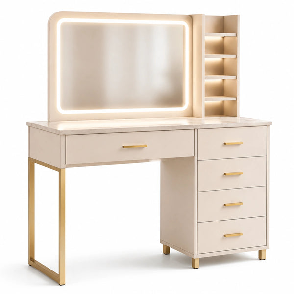 Tavolo da Toeletta con Specchio a LED e Cassetti in Legno MDF, Dettagli in Metallo Oro, 90 cm