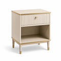Comodino in legno beige con dettagli dorati e cassetto