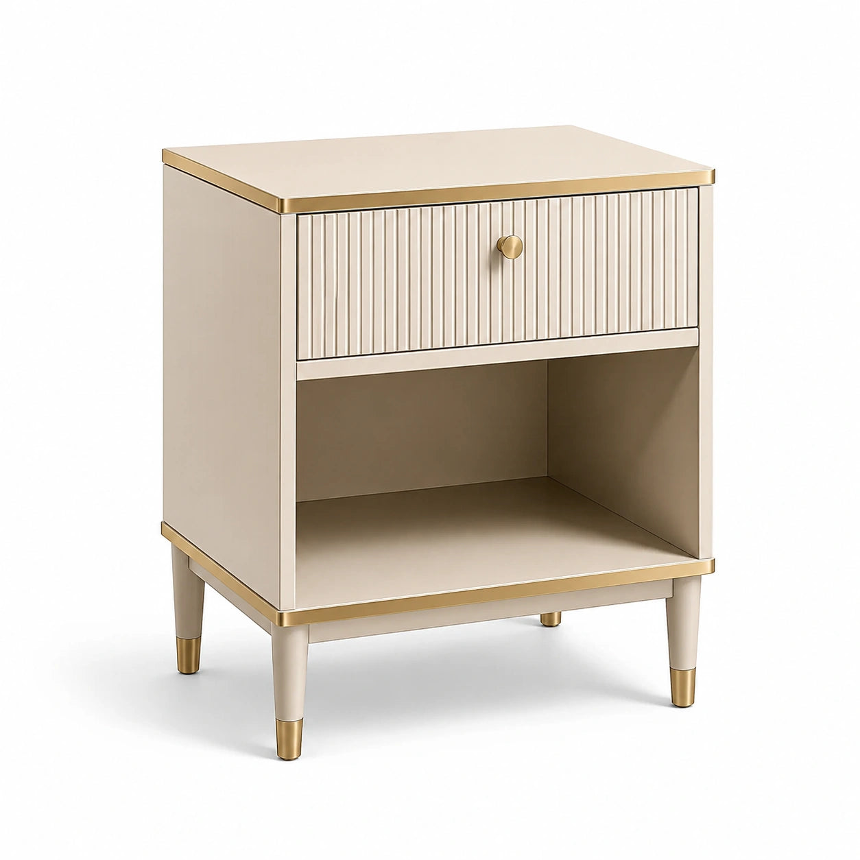 Comodino in legno beige con dettagli dorati e cassetto