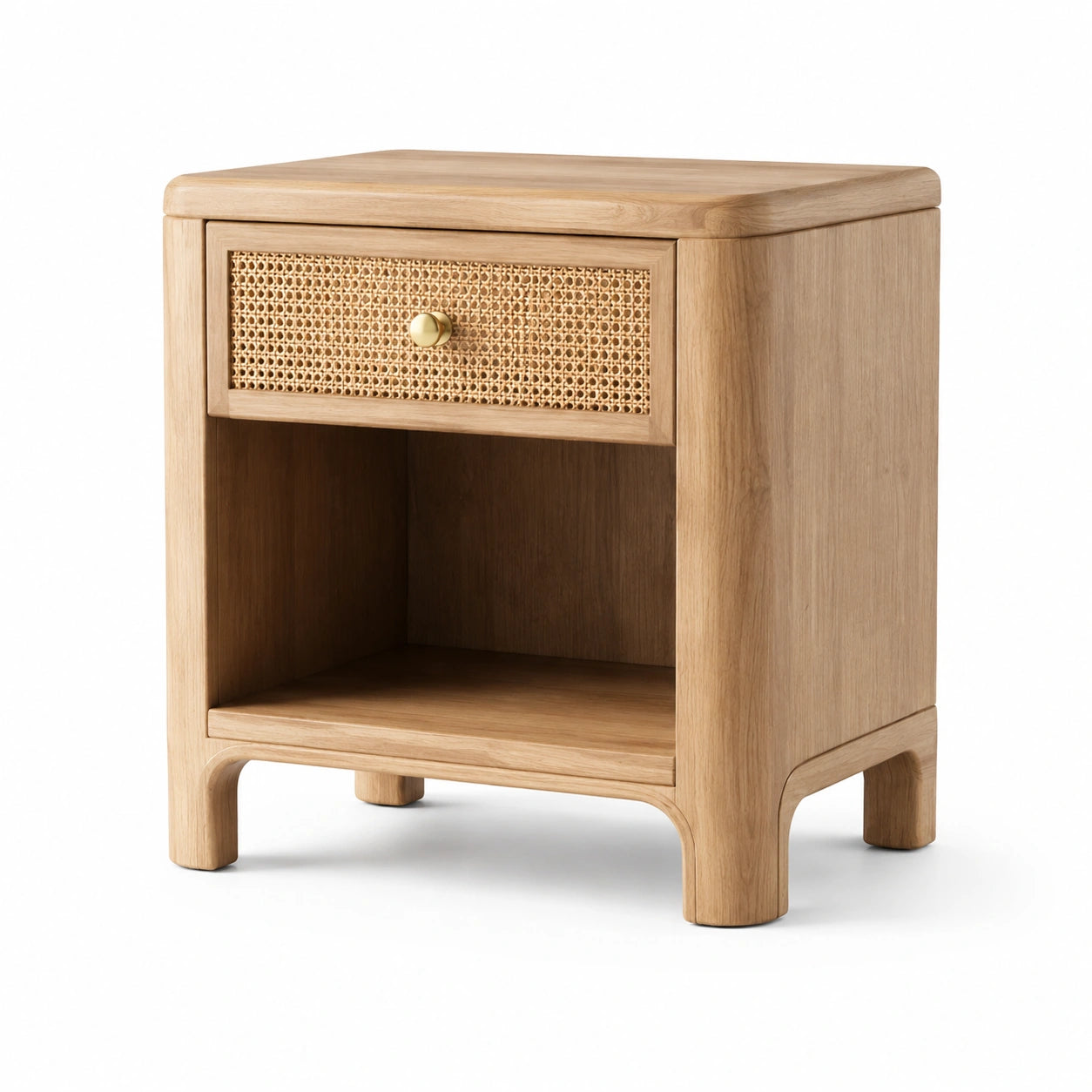 Comodino in Legno e Rattan Naturale con Maniglia in Metallo