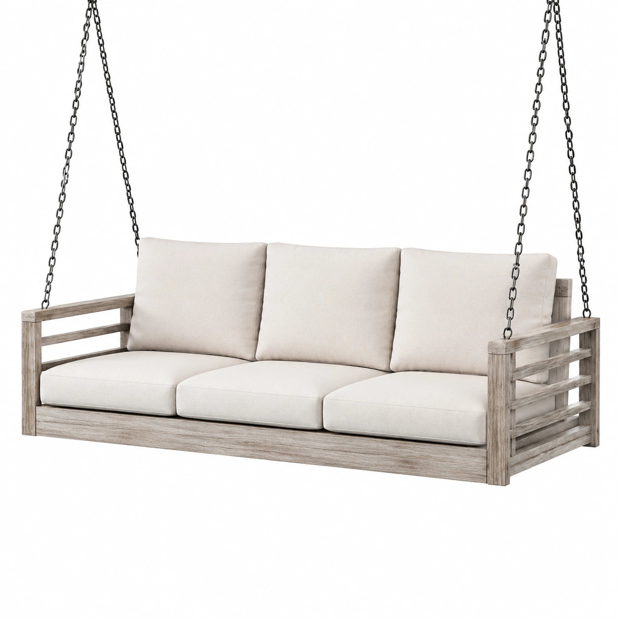 Altalena in legno con cuscini beige per esterni