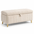 Panca contenitore bouclé beige con gambe in metallo dorato 110x40x45 cm