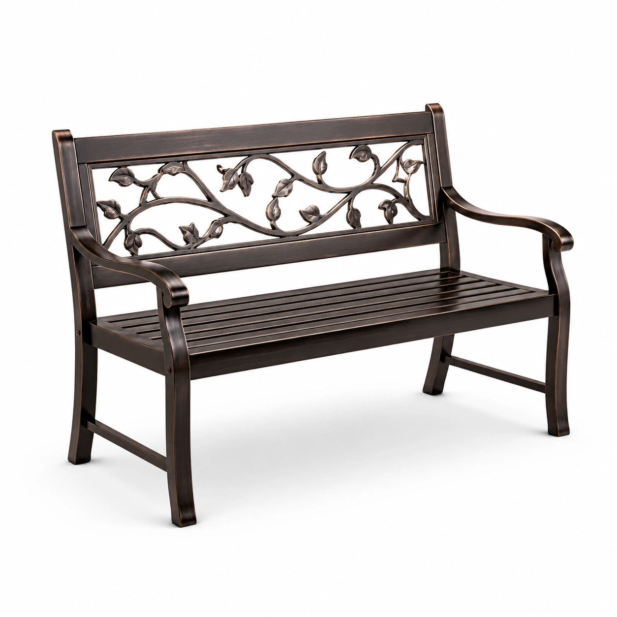Panchina da giardino in alluminio bronzato con schienale decorativo 127cm