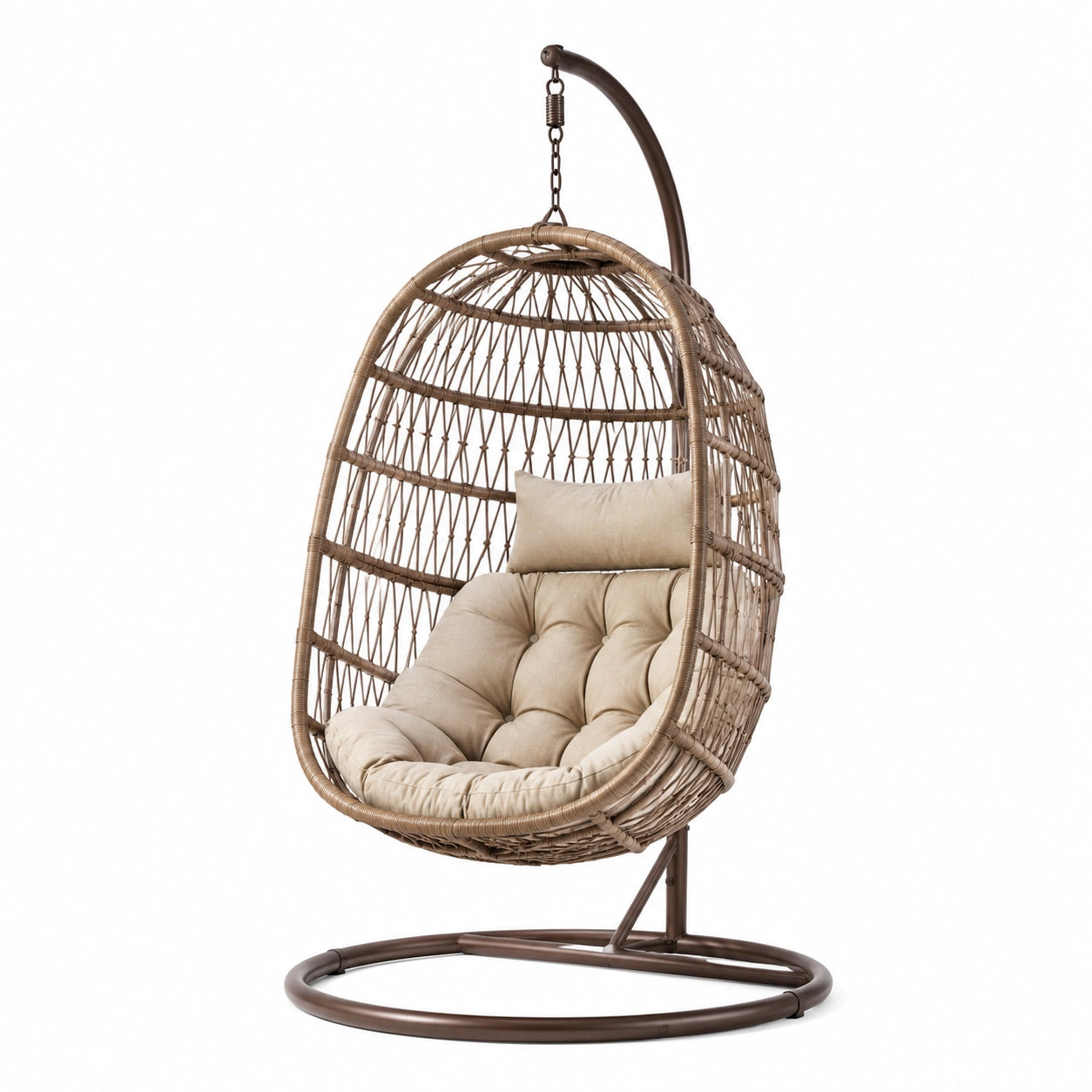 Sedia sospesa in rattan con cuscino beige e struttura in acciaio