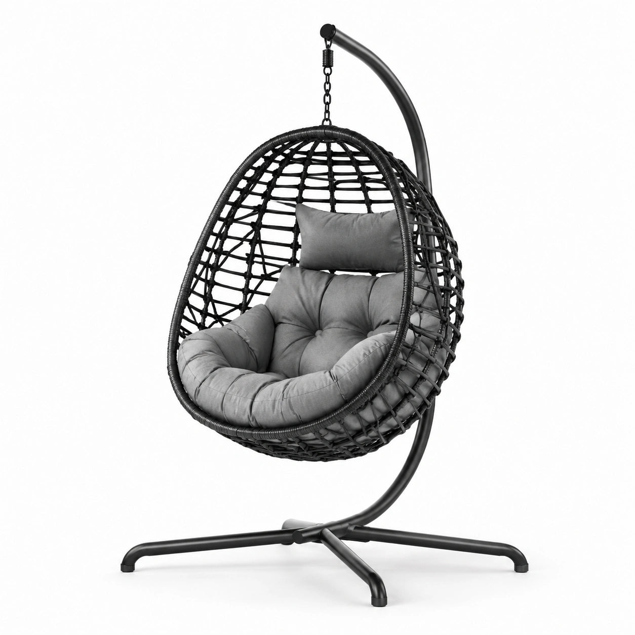 Poltrona sospesa in rattan sintetico con struttura in metallo e cuscino grigio