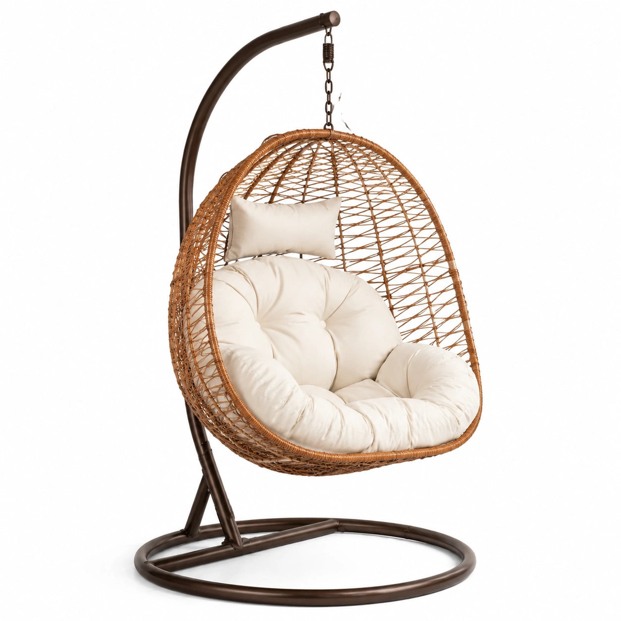 Poltrona sospesa in resina intrecciata marrone con cuscino in poliestere beige