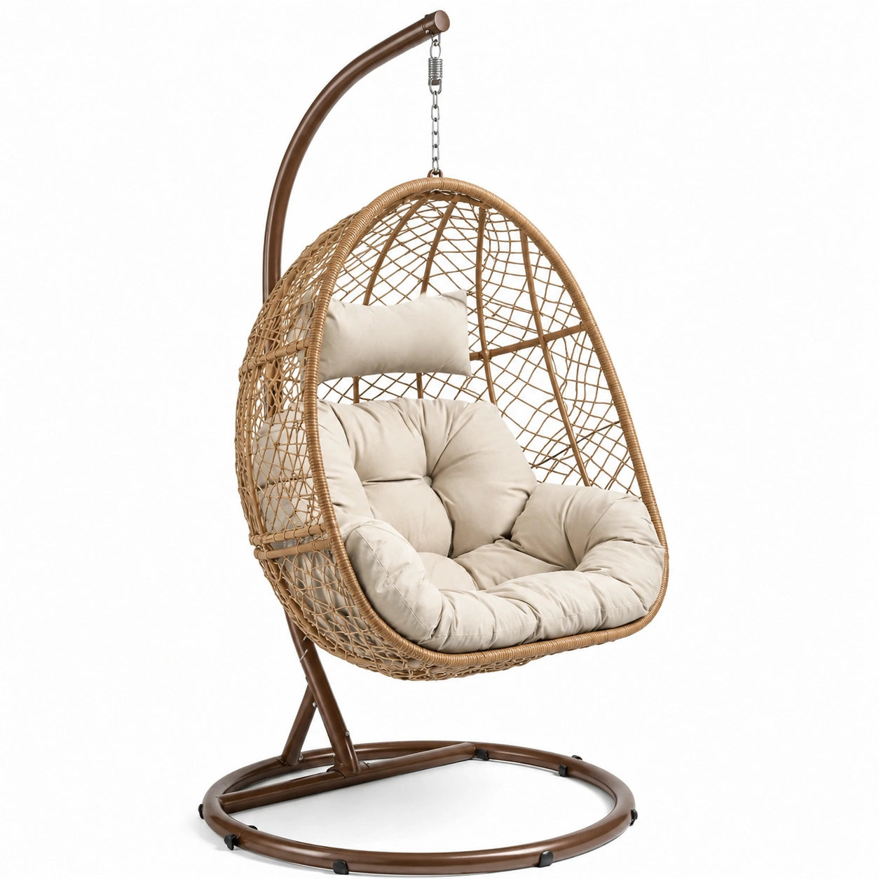 Sedia sospesa in rattan con cuscino beige e struttura in metallo
